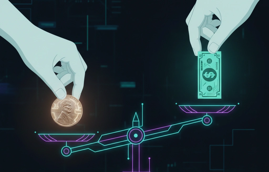 Two hands comparing a 2025 penny to a dollar bill on a stylized scale