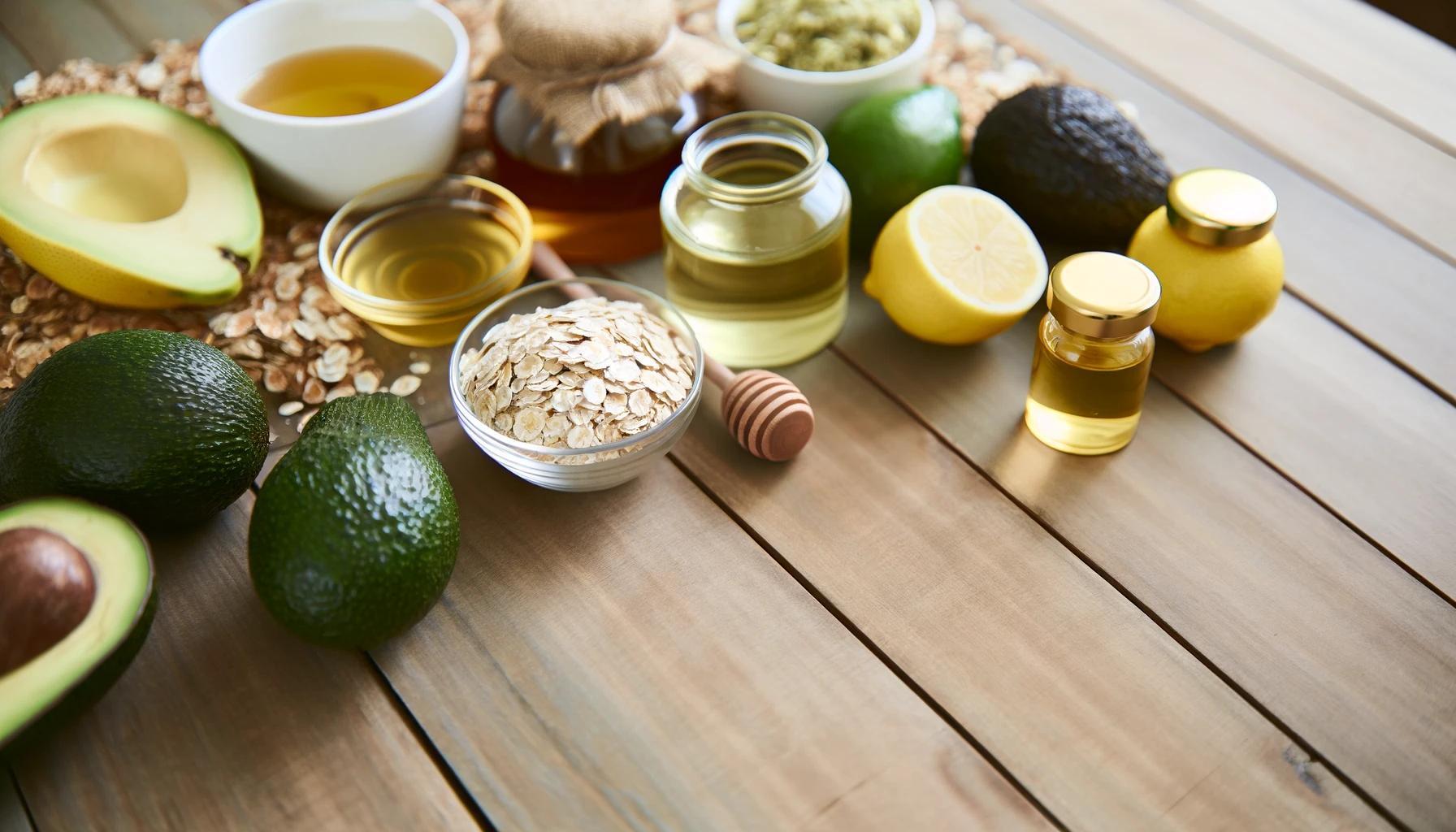 various organic beauty products laid out on a wooden surface, including ingredients like honey, oatmeal, avocados, green tea, and lemons.