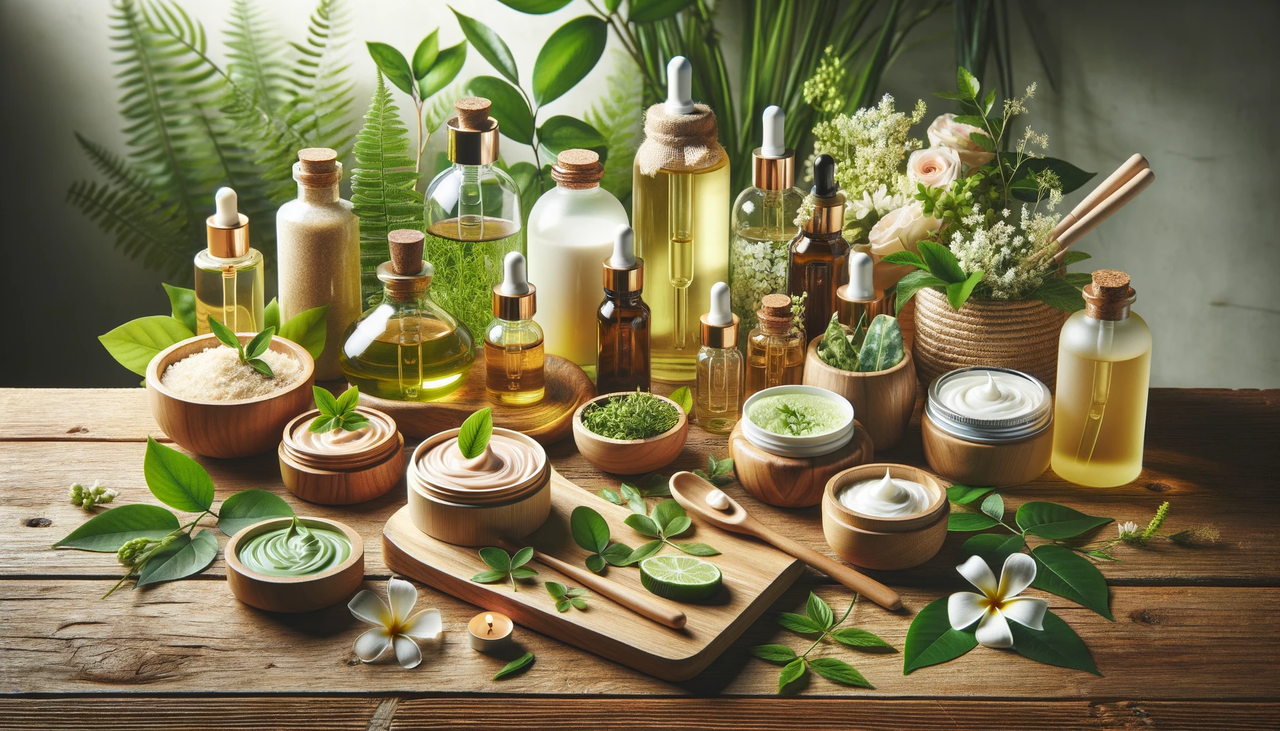 various organic beauty products arranged on a natural wooden surface. Include items like organic oils, creams, and botanical extracts in glass bottles, surrounded by fresh green leaves and flowers.