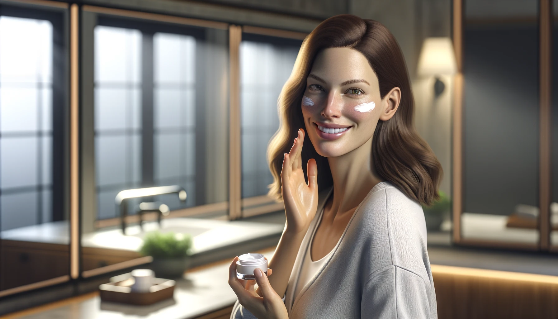 a young woman with dark hair smiling while applying a cream on her face in a bathroom setting.