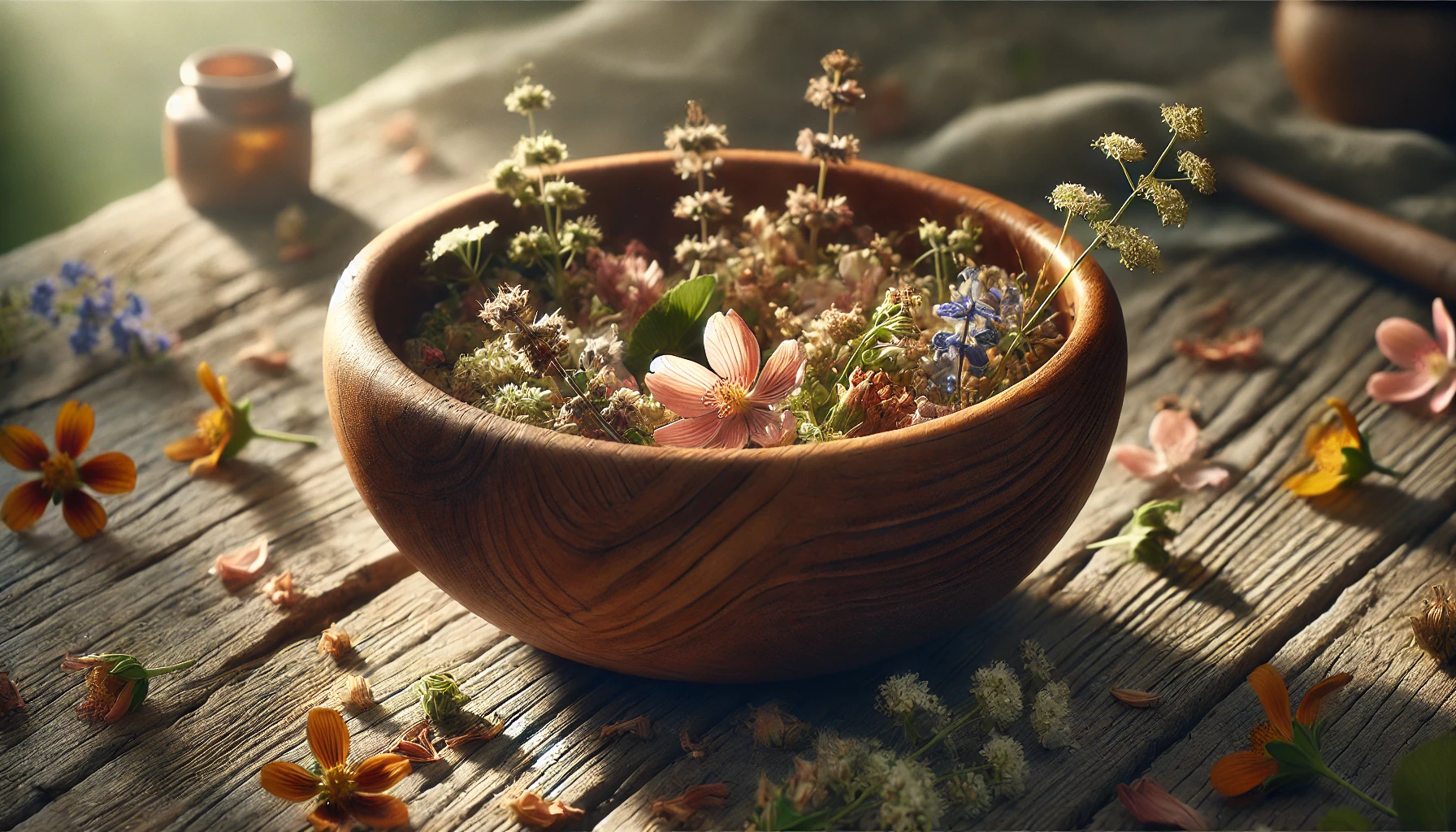 A rustic wooden bowl filled with and surrounded by delicate, colorful flowers and petals is beautifully lit by soft natural light, creating a serene and peaceful atmosphere.