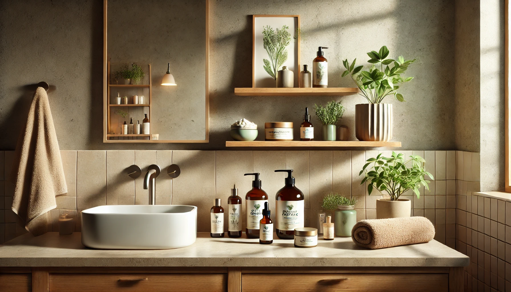 bathroom scene featuring a minimalist skincare routine setup.