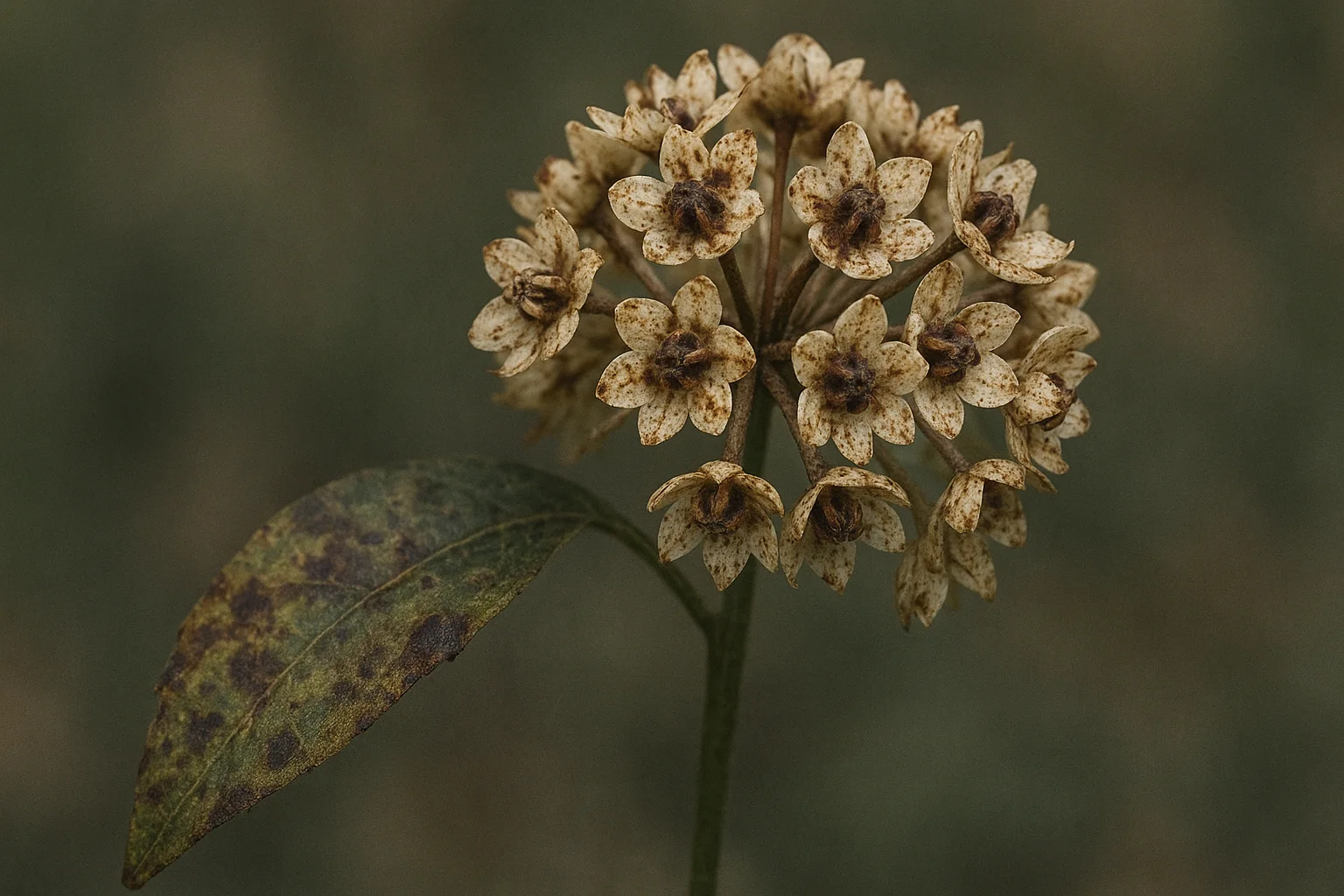 A cluster of decaying milkweed blossoms with brown-speckled petals and a single mottled leaf on a slender green stem.