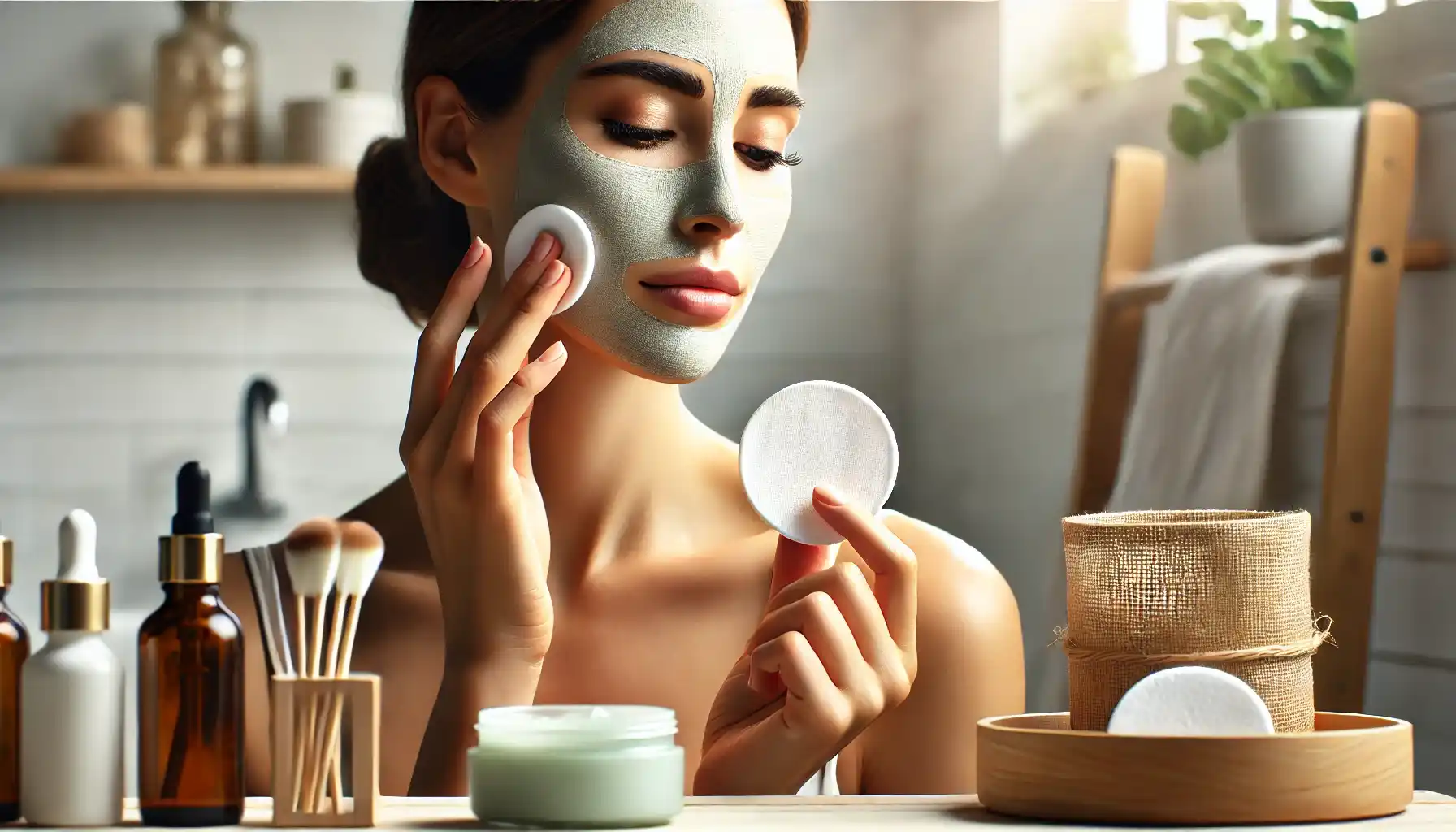 A woman applying a natural skincare product, such as a face mask or moisturizer, using a reusable bamboo cotton pad. 