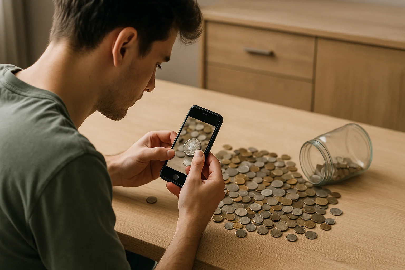  A young collector photographs a coin from a large mixed pile to begin quick type identification using image recognition.