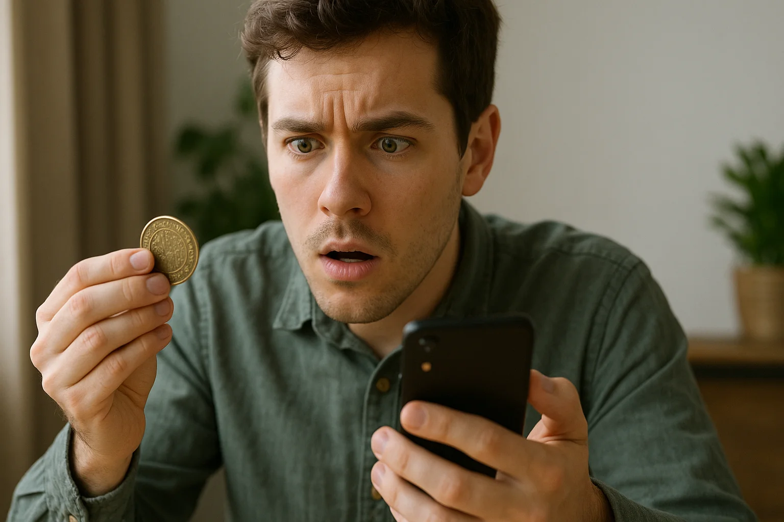 A collector examines an unfamiliar coin while checking basic information on his phone to determine its origin and type.